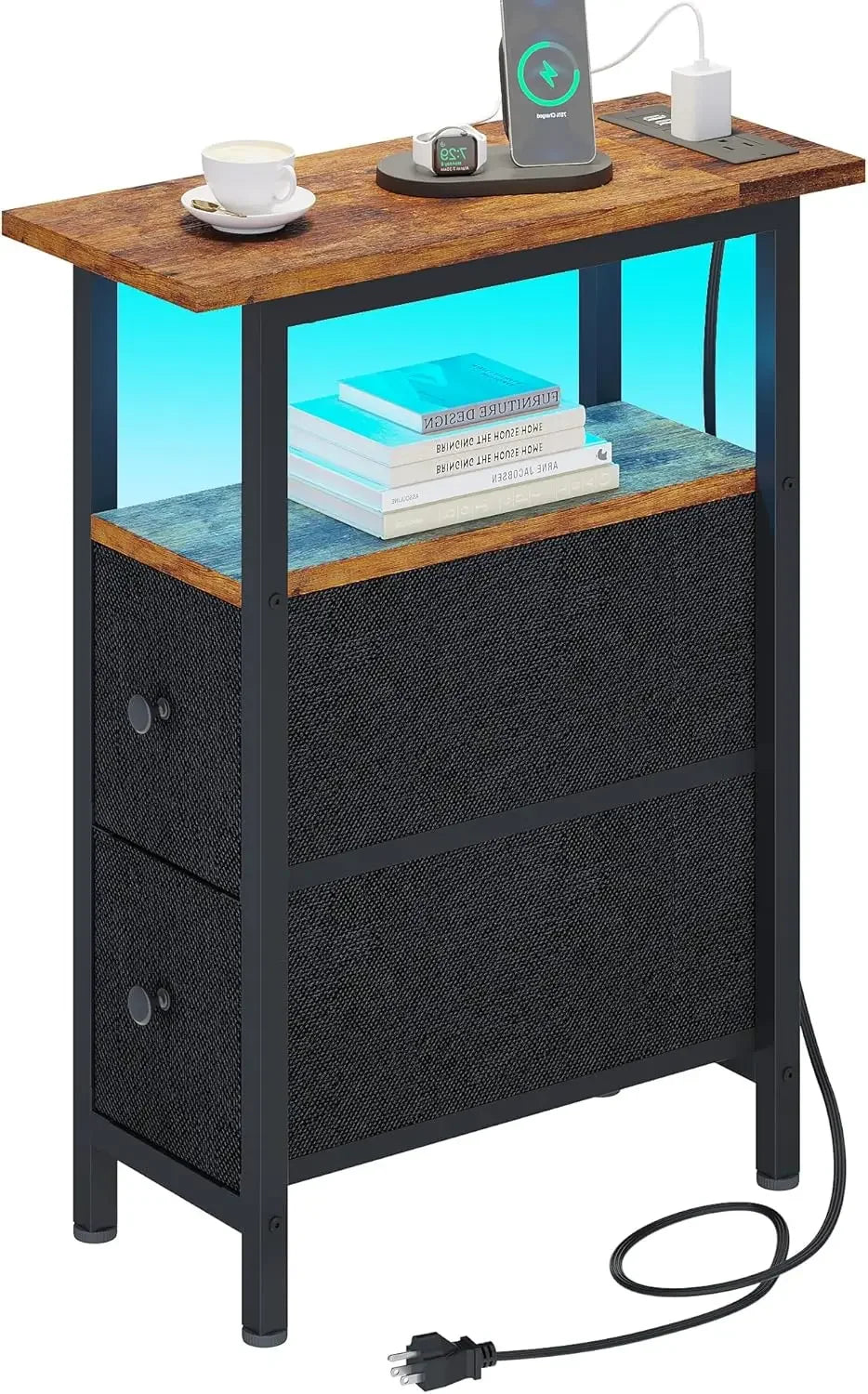 Slim Side Table with Two Fabric Drawers and LED Lights for Bedroom and Living Room