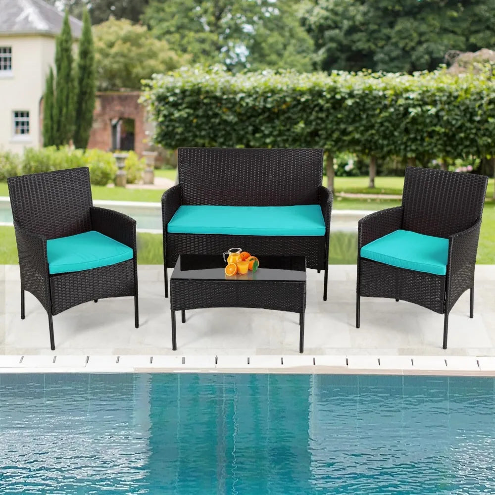 4 Piece Outdoor Wicker Patio Conversation Furniture Set with Coffee Table and Seat Cushions