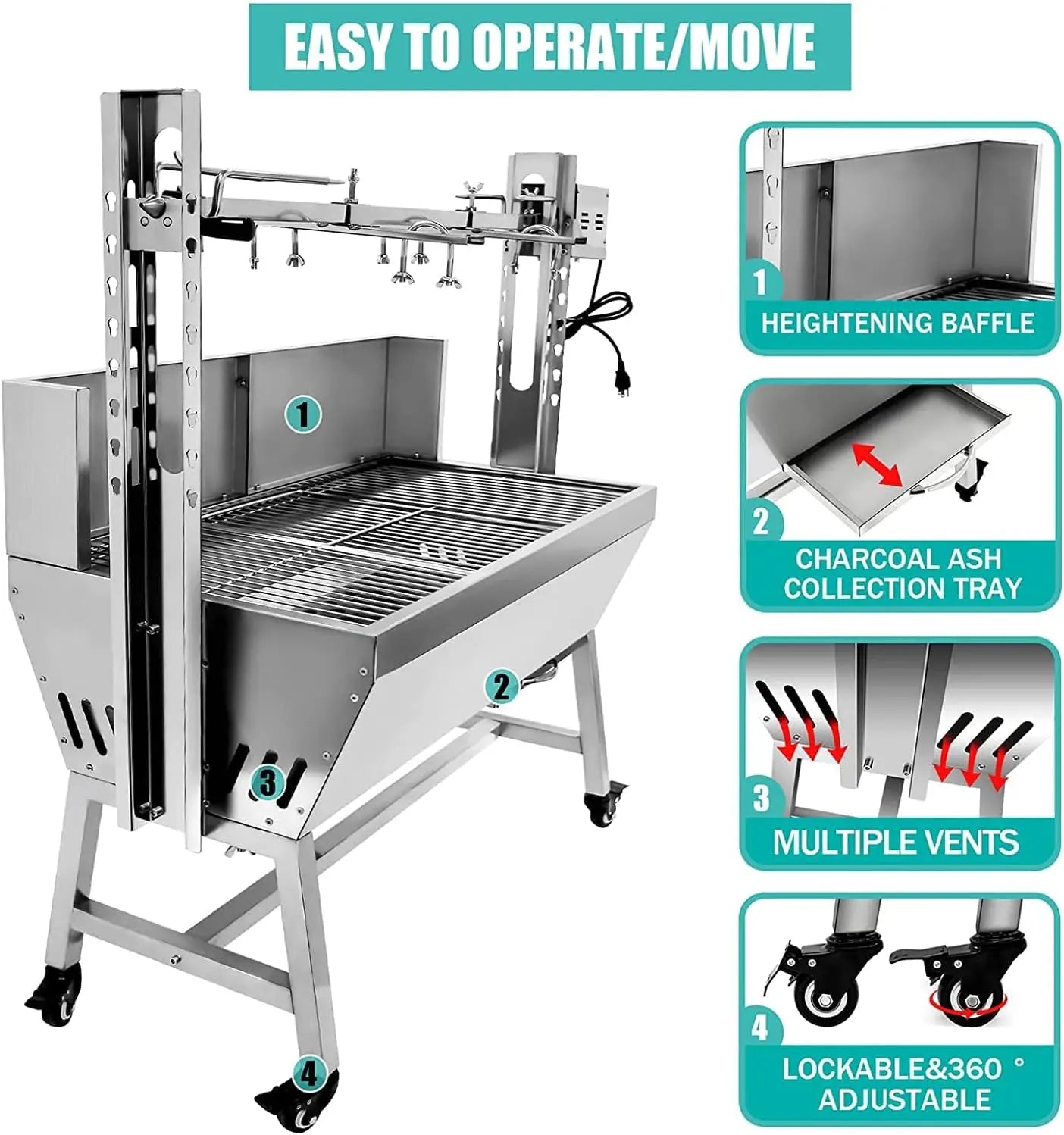 Stainless Steel Charcoal Rotisserie Grill with Automatic Motor