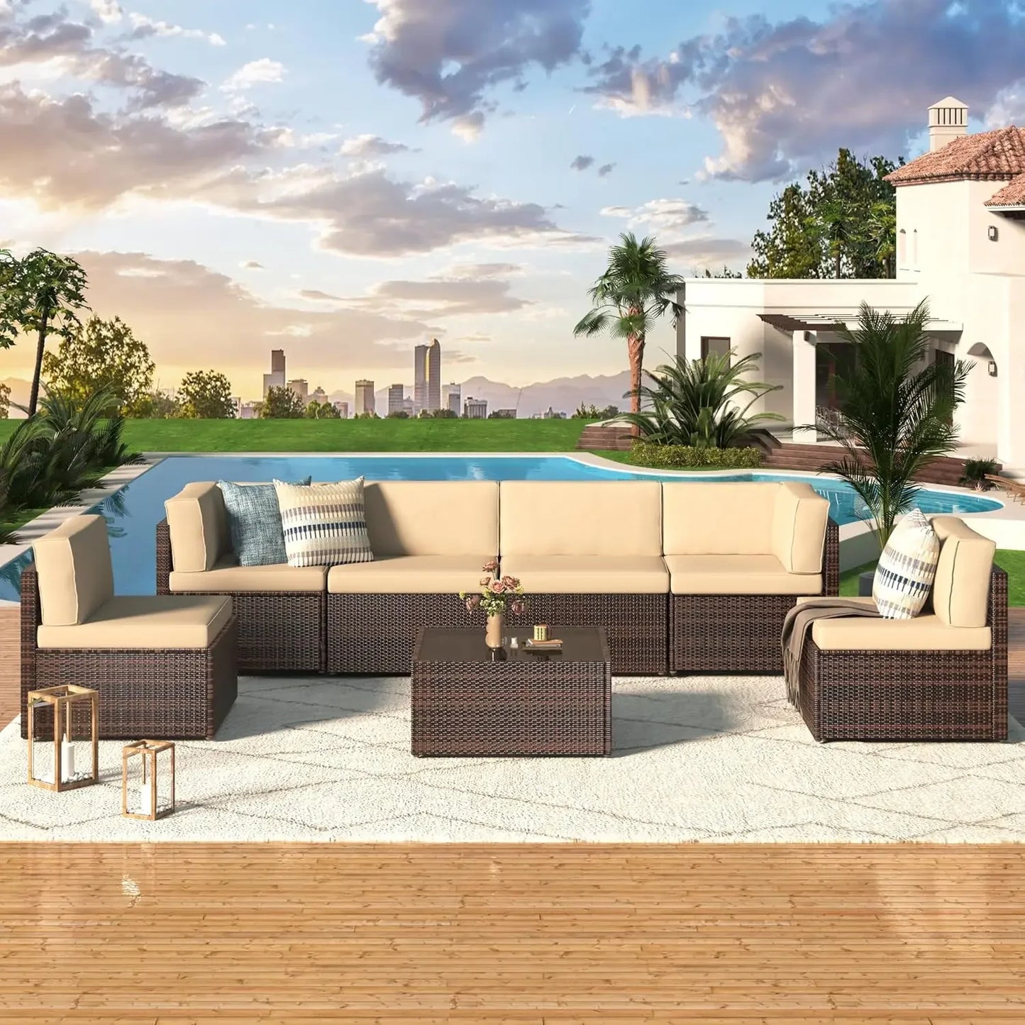7 Piece Outdoor Patio Furniture Set PE Rattan Grey Wicker Sectional Chair Set with Cushion