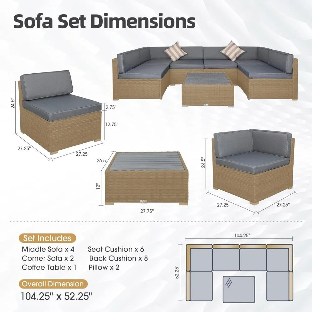 7 Piece Outdoor Patio Furniture Set with Cushions PE Rattan Wicker Sectional Conversation for Garden Deck Poolside