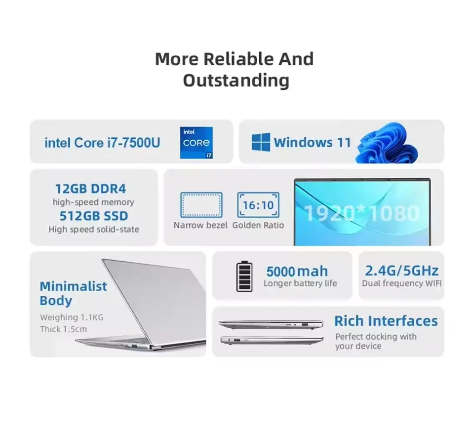 Portable Intel Core i7 Laptop with Windows 11 Pro