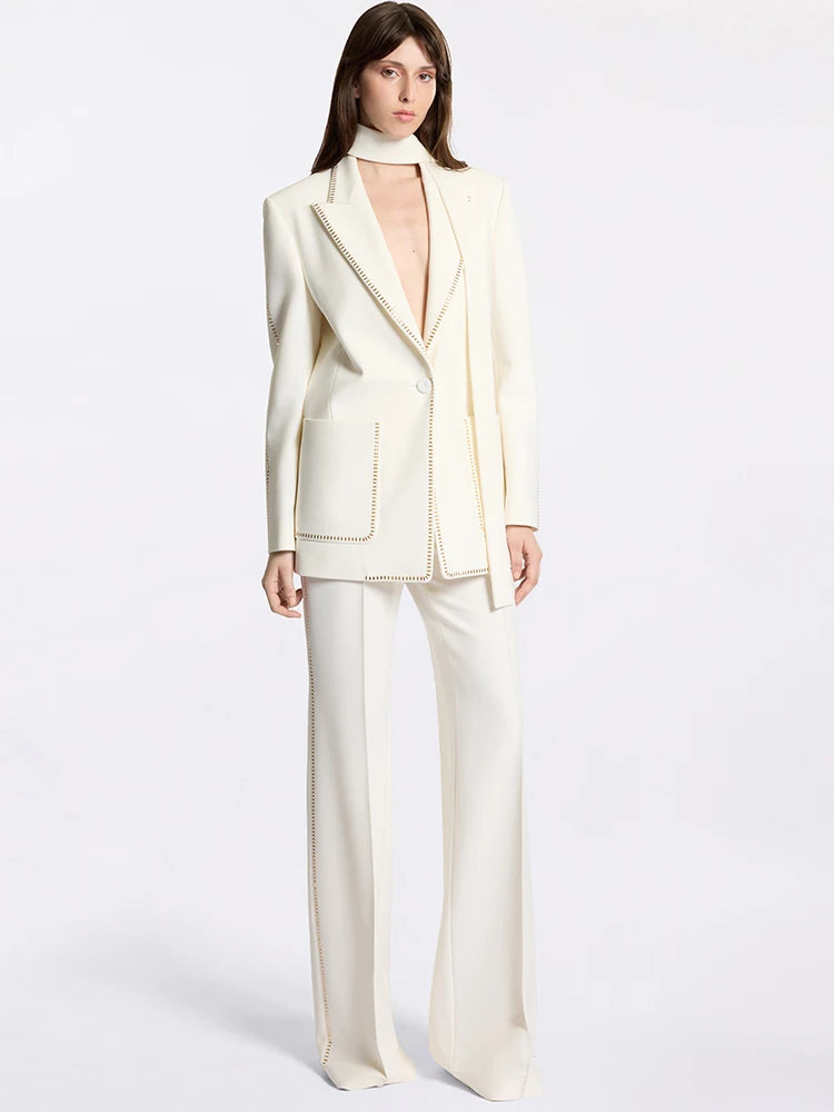 High Street Women's Designer Beaded Blazer Pants Suit Set