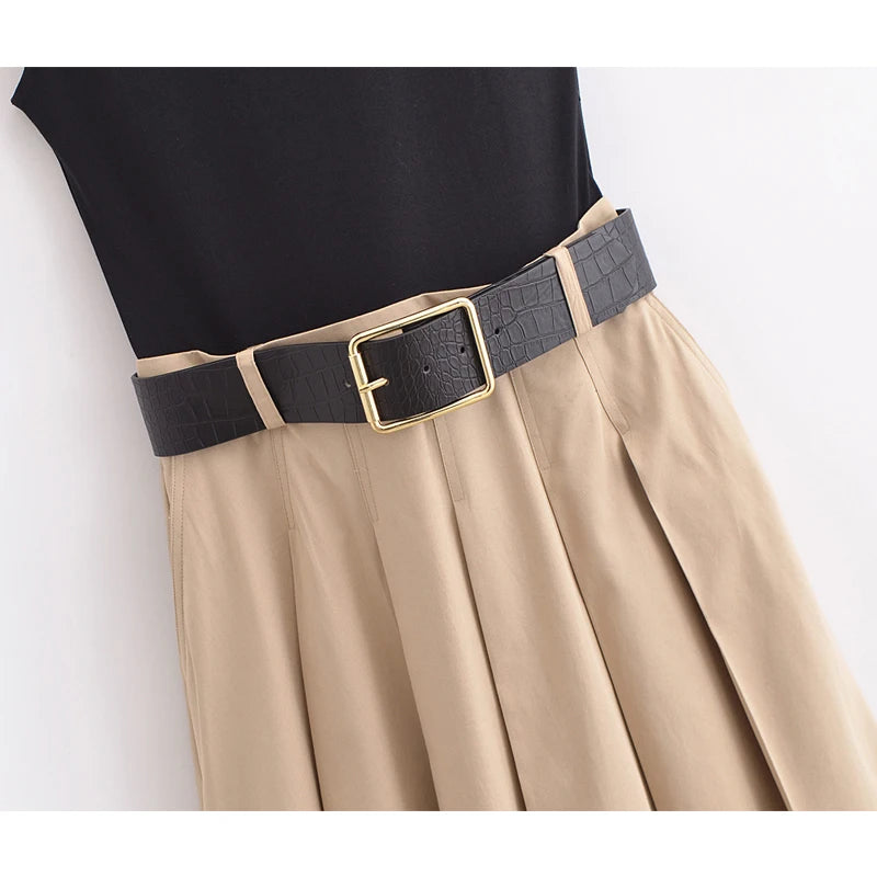 MUJERCN Belted Pleated Midi Dress For Women Sleeveless