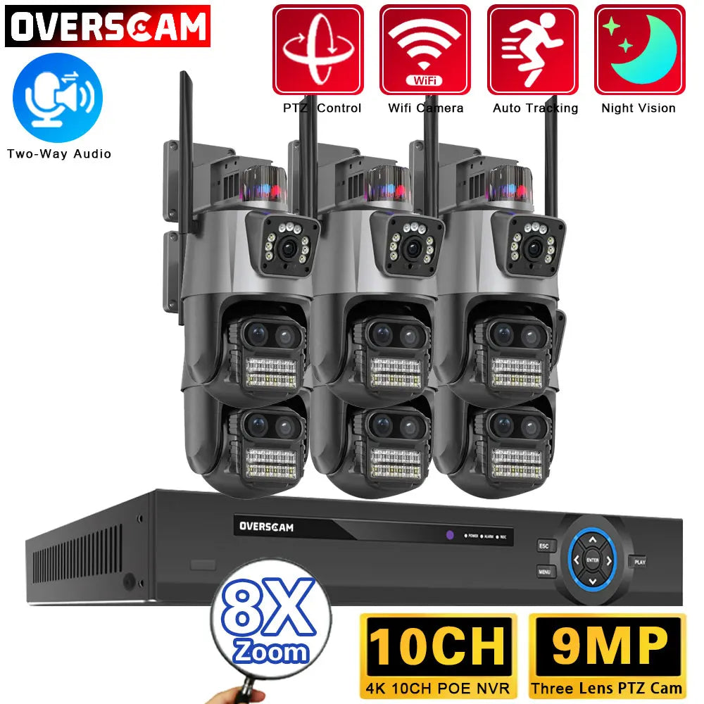 9MP Three Lens 8X Zoom WiFi PTZ XMEYE 10CH POE NVR Surveillance System with Two Way Audio CCTV Security Camera Video Surveillance Kit