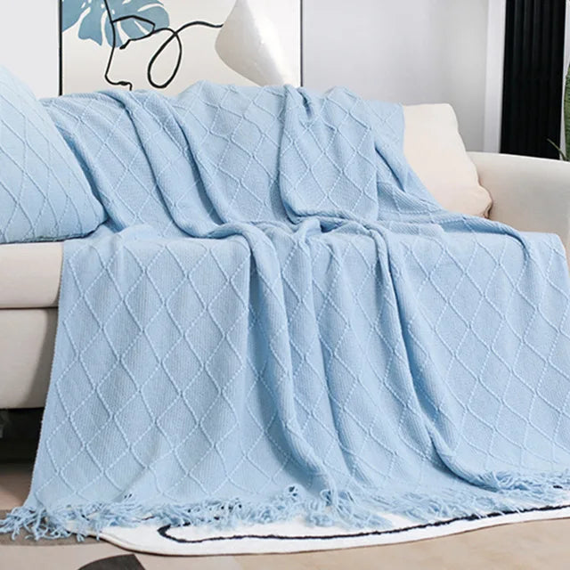 Nordic Knitted TV Blanket with Tassels Soft Fleece Throw Shawl for Sofa and Bed End Decor
