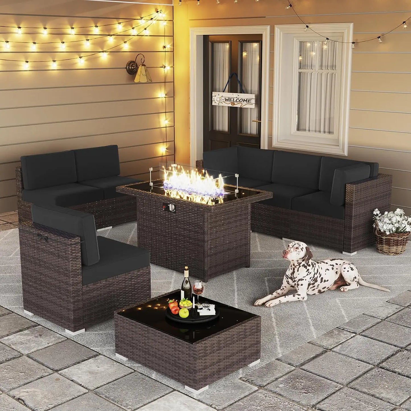 Outdoor Wicker Rattan Conversation Set With Fire Pit Table 15 Piece Patio Furniture Set
