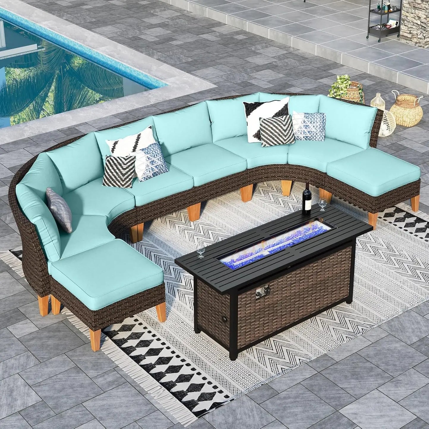 12 Piece Curved Outdoor Sectional Sofa Set Rattan Patio Conversation Set Beige