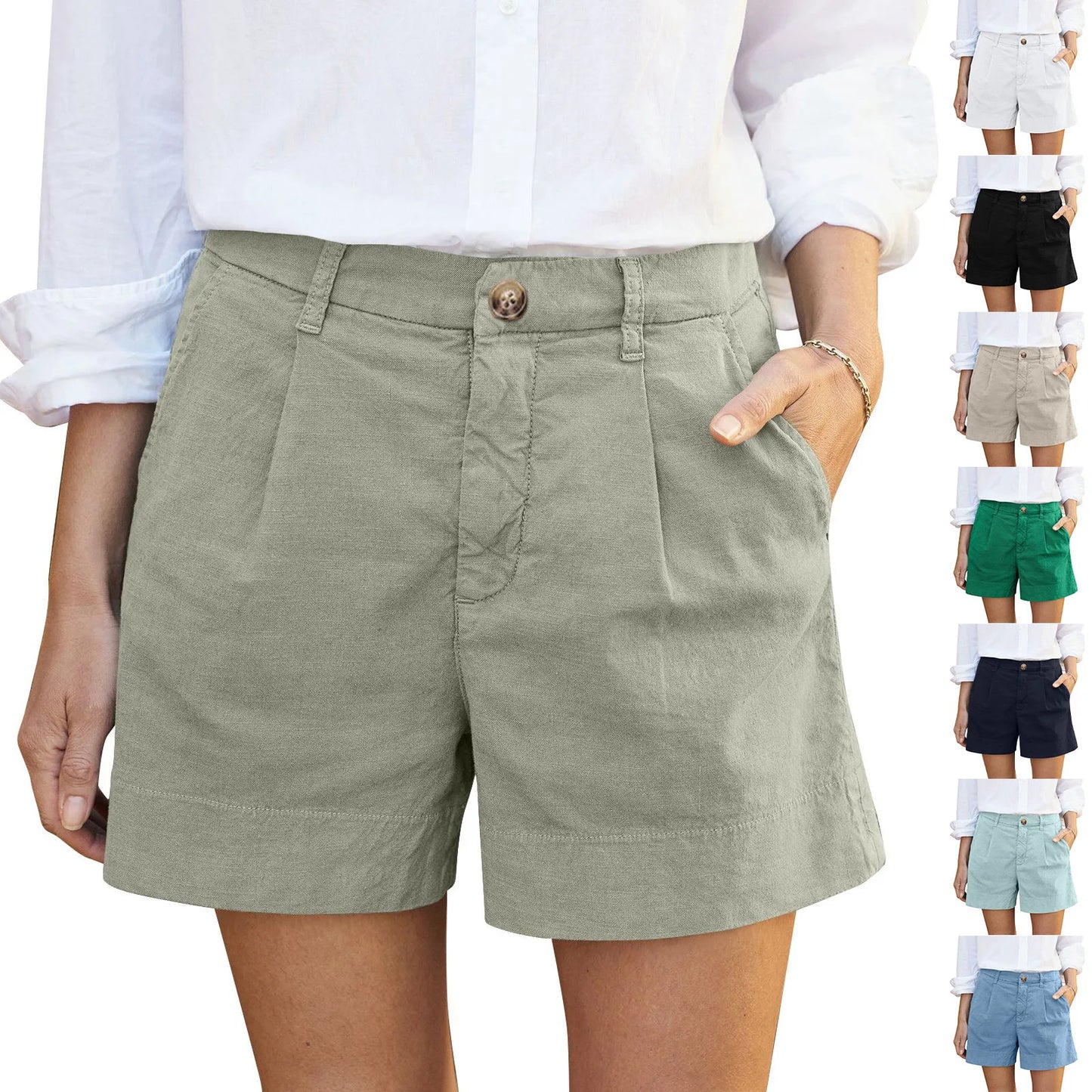 Cotton Linen High Waist Shorts for Women