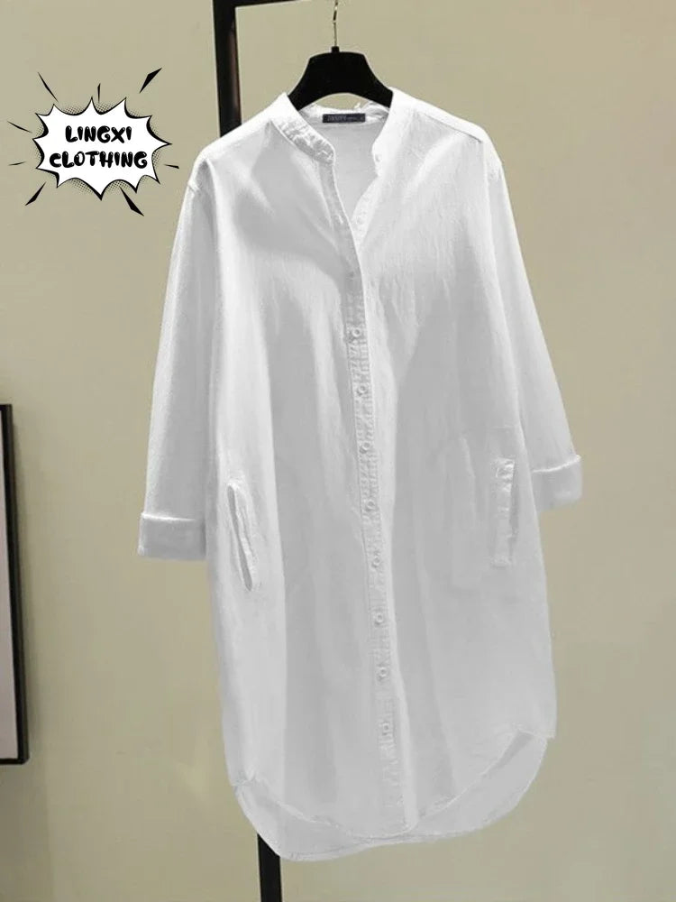 GPBDCN Cotton Linen Womens Shirt Single Breasted Round Neck