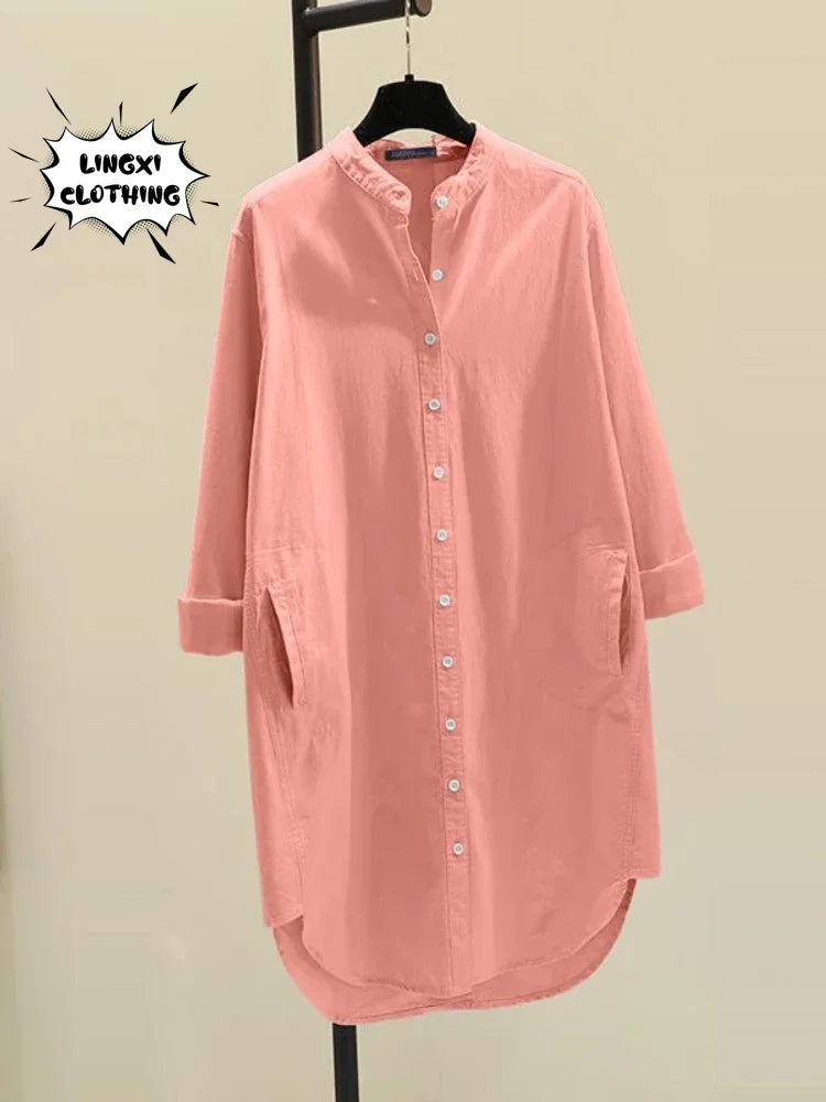 GPBDCN Cotton Linen Womens Shirt Single Breasted Round Neck