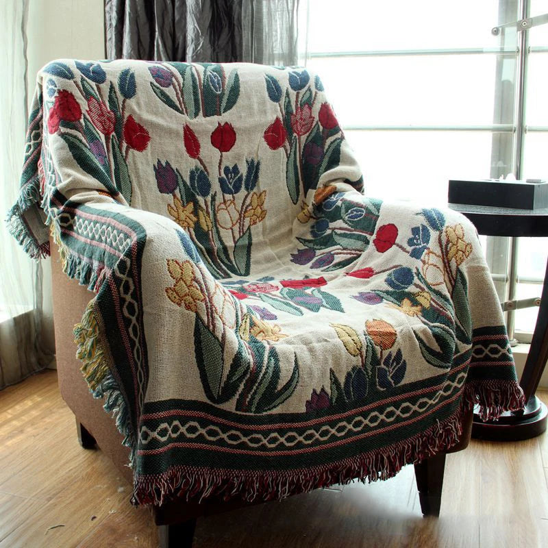 Tulip Flowers Vintage Throw Blanket Sofa Cover Knitted Bedspread Floral European Style Outdoor Camping Travel Cobija