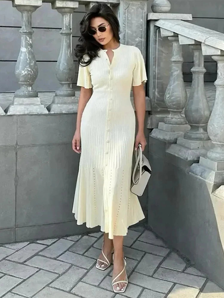 EBSTLCN Elegant Knitted Dress Women O Neck Short Sleeve