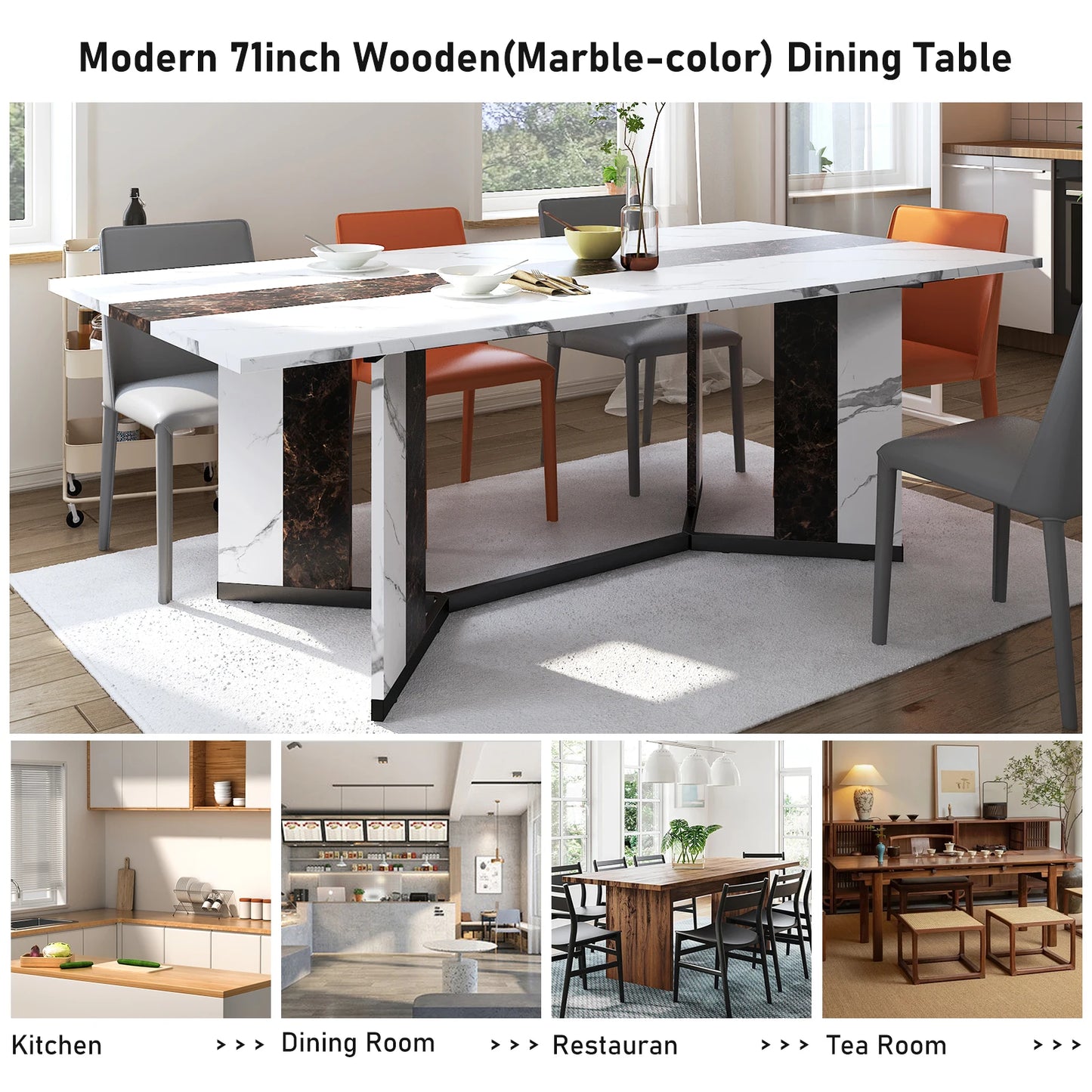 71 Inch Large Rectangular White Dining Table for 4 to 10 People Modern Family Dinner Table with Marble Color Wood Top and Metal Legs
