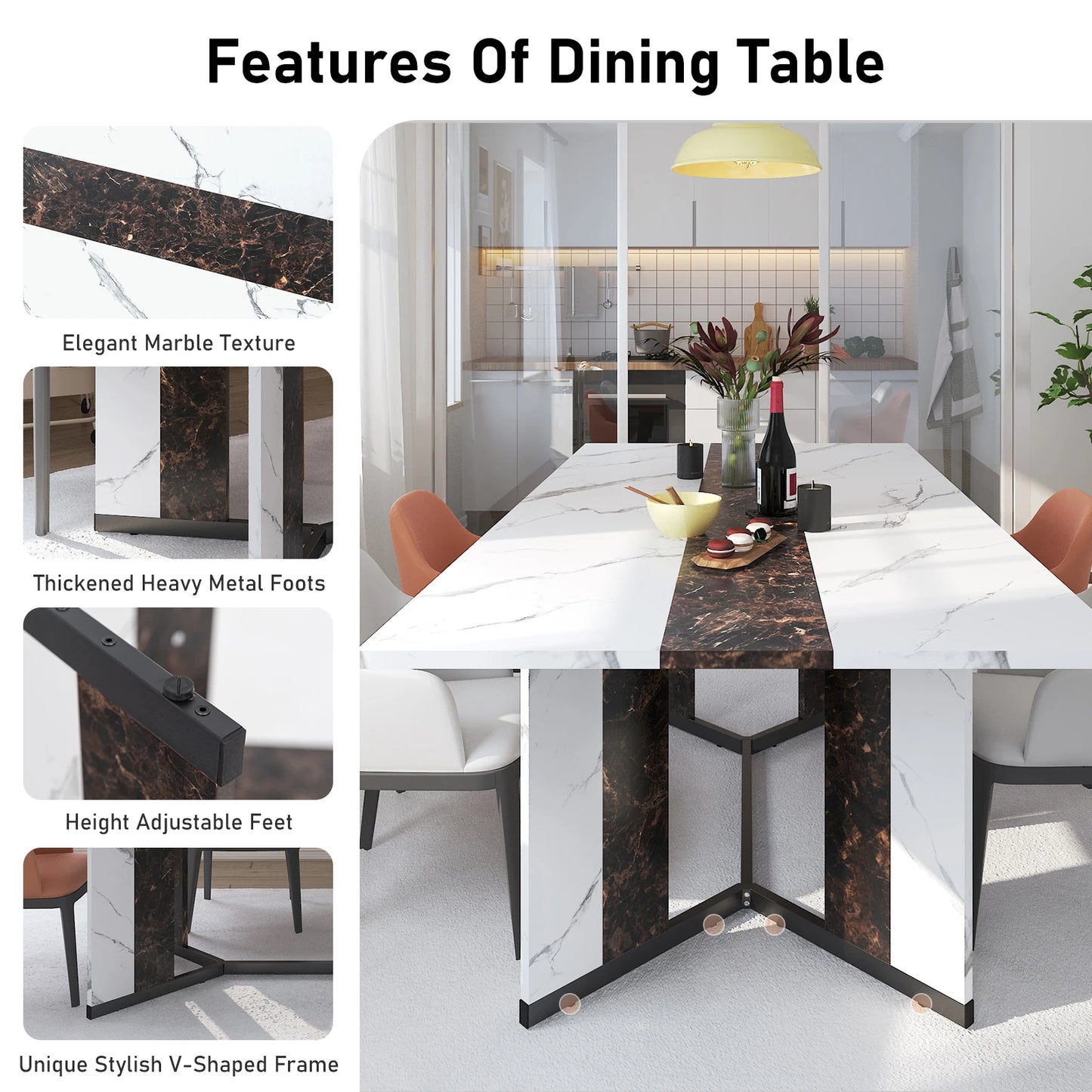 71 Inch Large Rectangular White Dining Table for 4 to 10 People Modern Family Dinner Table with Marble Color Wood Top and Metal Legs