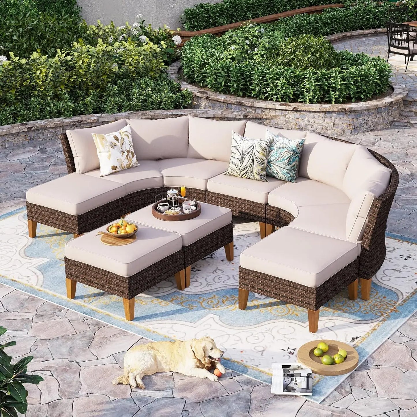 12 Piece Curved Outdoor Sectional Sofa Set Rattan Patio Conversation Set Beige