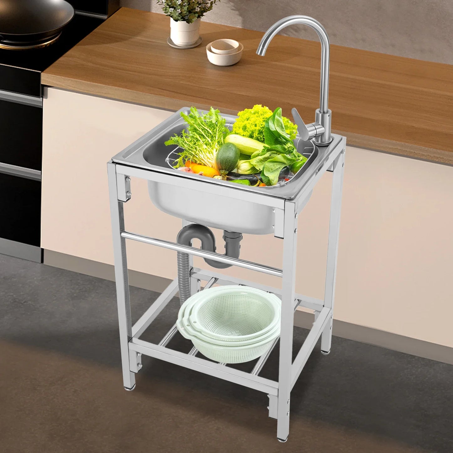 Freestanding Stainless Steel Single Bowl Kitchen Sink with Faucet