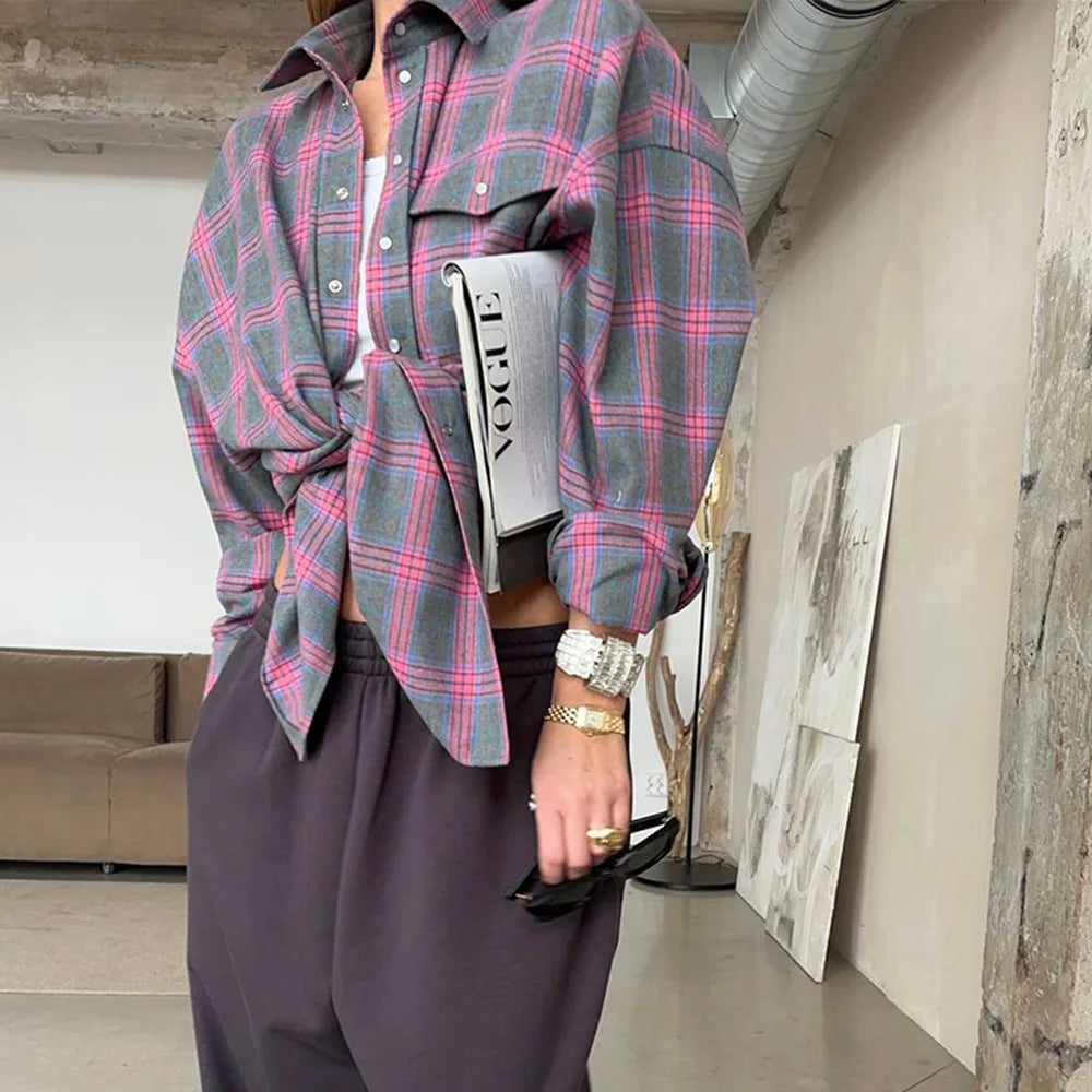 FSMGCN Versatile Plaid Shirt For Women Oversized Blouse