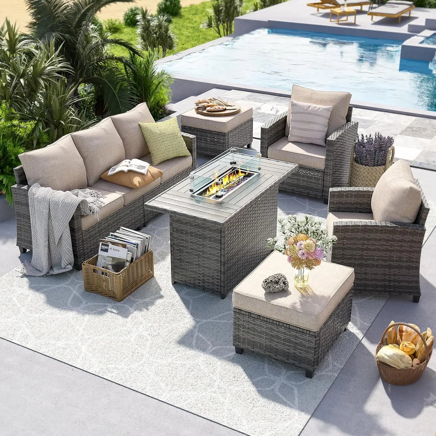 Outdoor Patio Furniture Set with 44 Inch Fire Pit Table for Garden Backyard Deck 6 Pieces Sectional Conversation Set