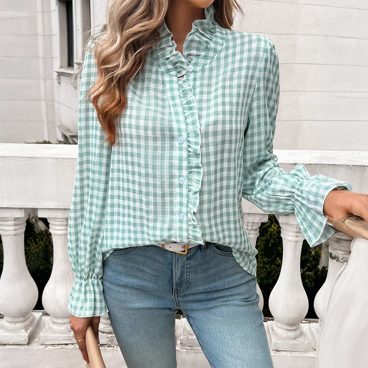 CN Fujian Gingham Ruffle Shirt With Turn Down Collar Women
