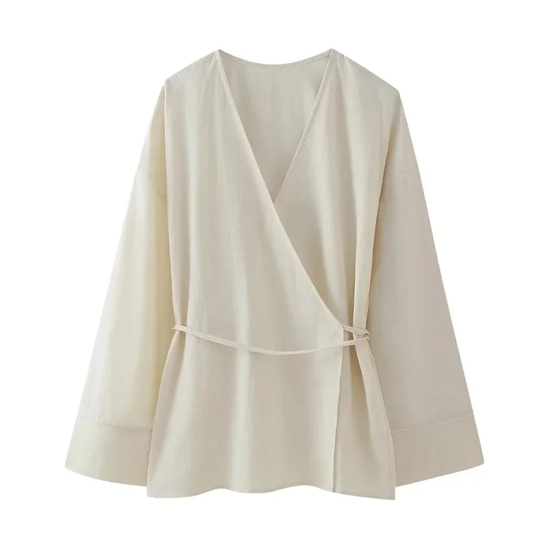MUJER Kimono Blouse Women Long Sleeve Tie Front Elegant