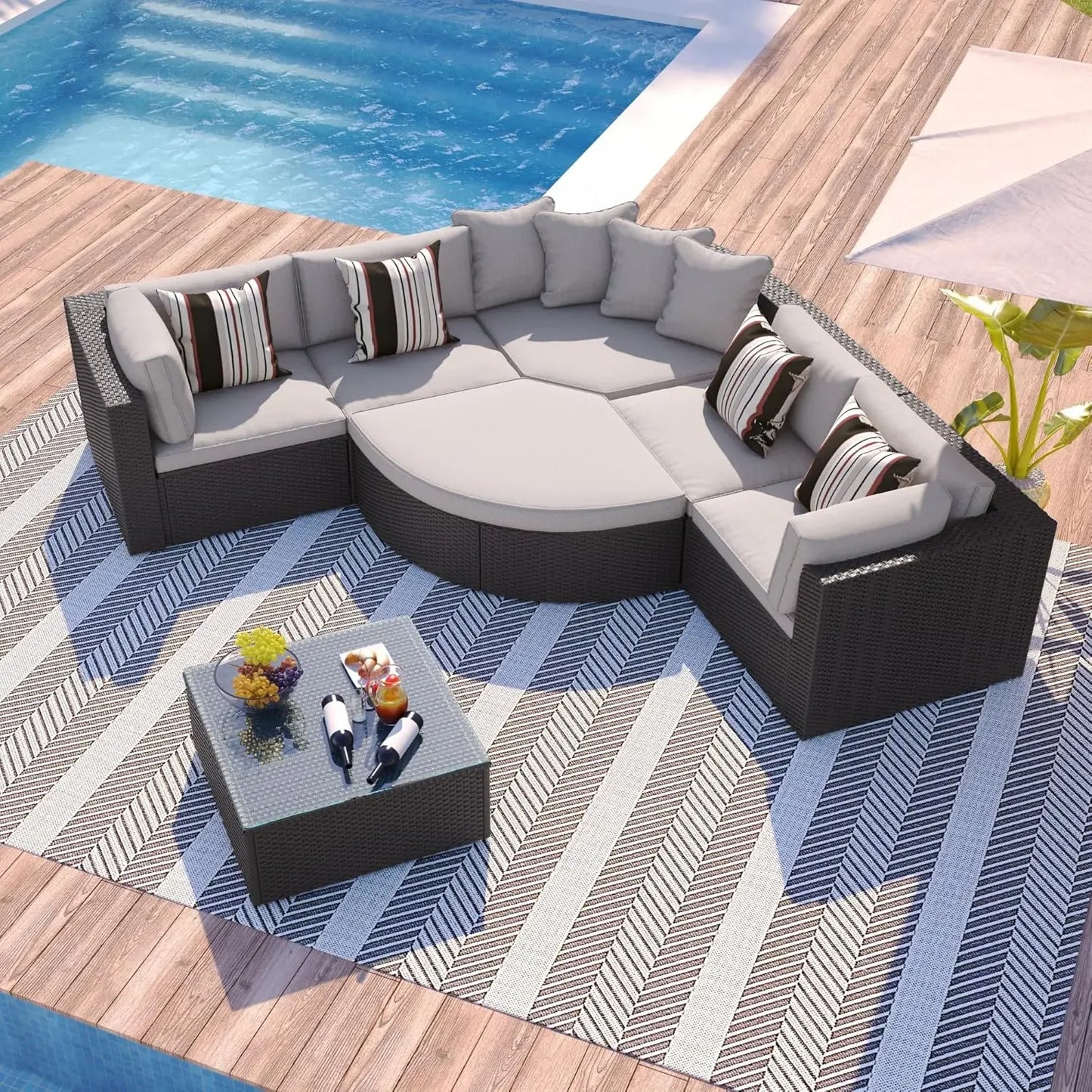 Cushioned Half Moon Rattan Sofa Set for Outdoor Relaxation