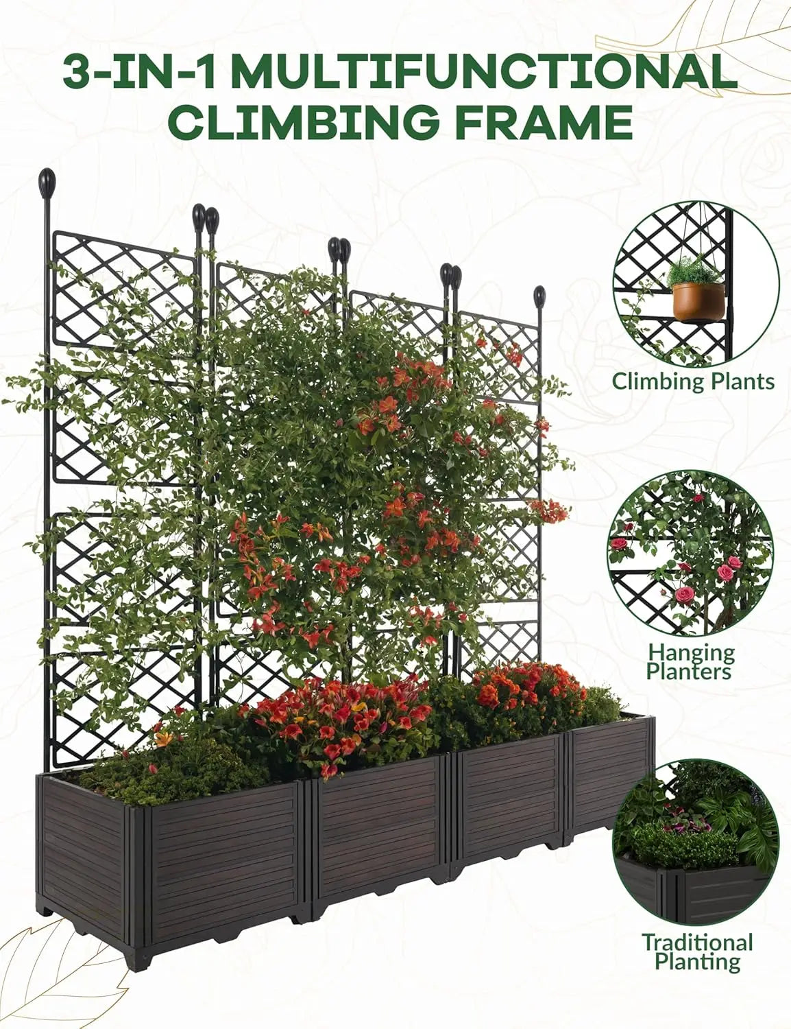 HiMISS Plastic Plant Box With Metal Trellis Bed Outdoor