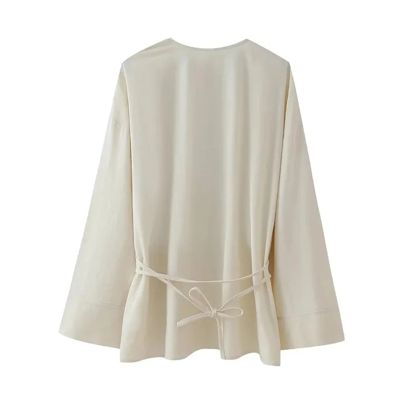 MUJER Kimono Blouse Women Long Sleeve Tie Front Elegant