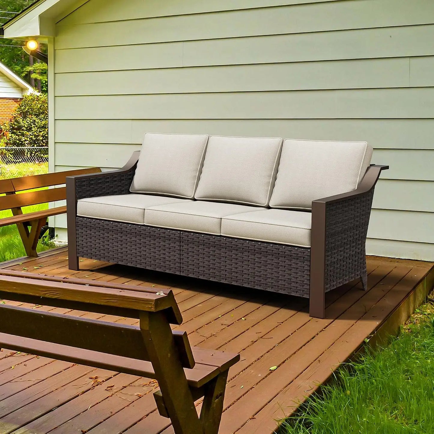 HUANZHUANG Outdoor Metal Wicker Patio Sofa 3 Seat Set