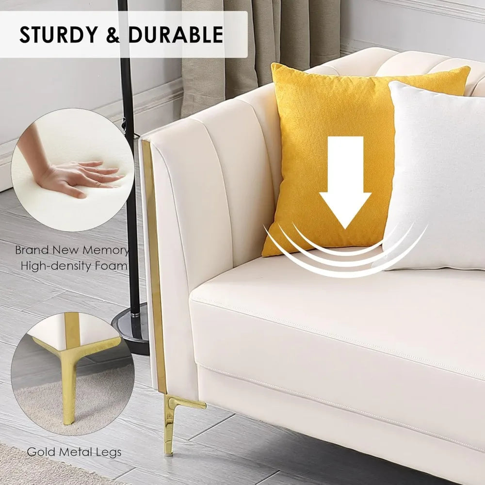 XMSJ Modern Faux Leather Sofa 3 Seater With Gold Legs