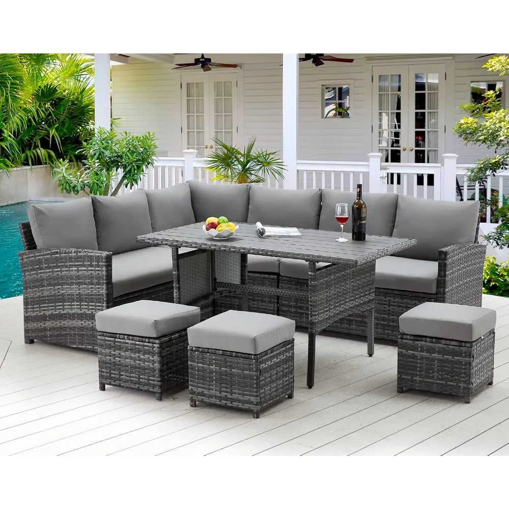 Outdoor Furniture 7 Piece Set with Dining Table and Chairs All Weather Wicker Set with Ottoman Garden Furniture Set