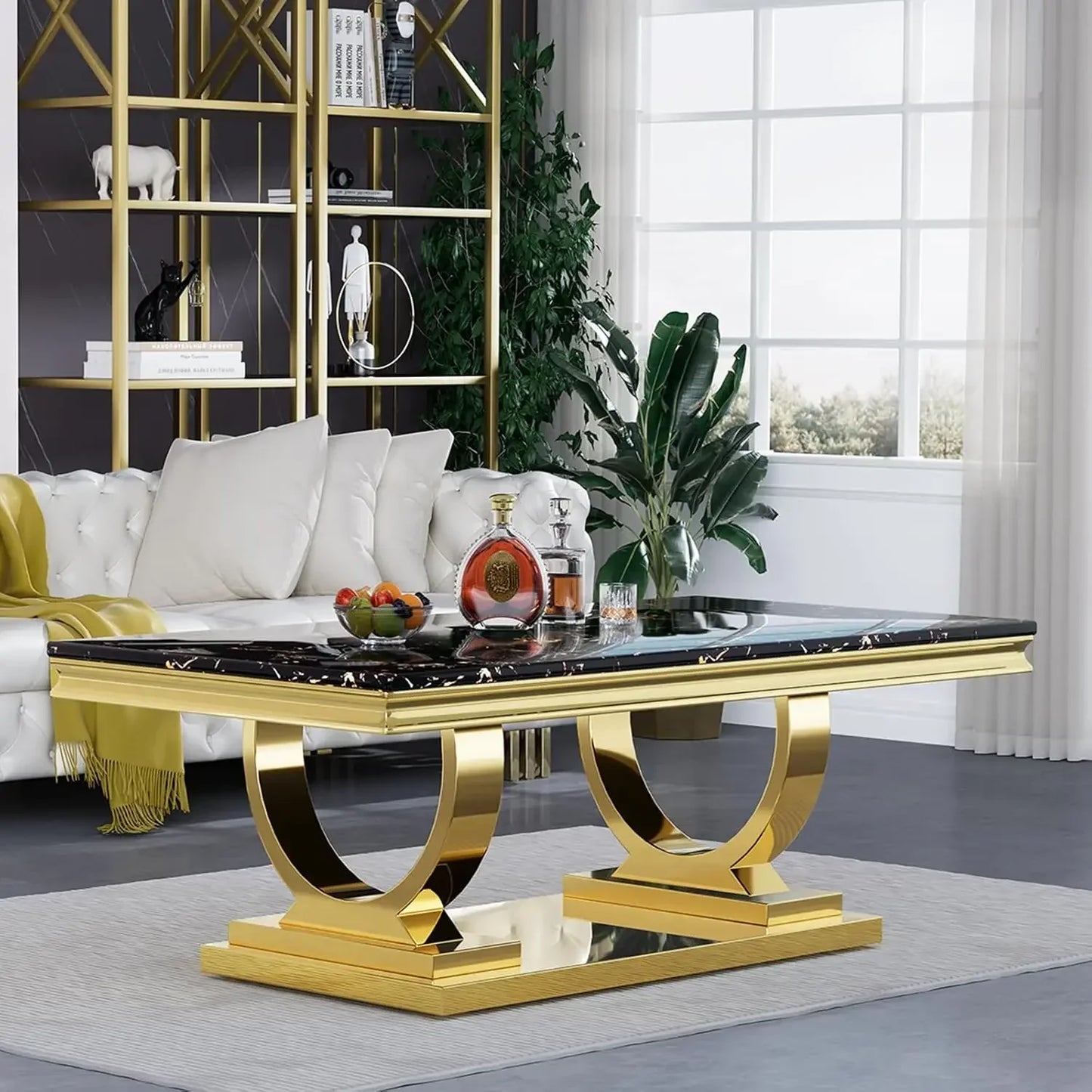 47 Inch Rectangular Coffee Table Modern White Faux Marble Cocktail Table with Silver Mirrored Finish U Shape Stainless Steel Base