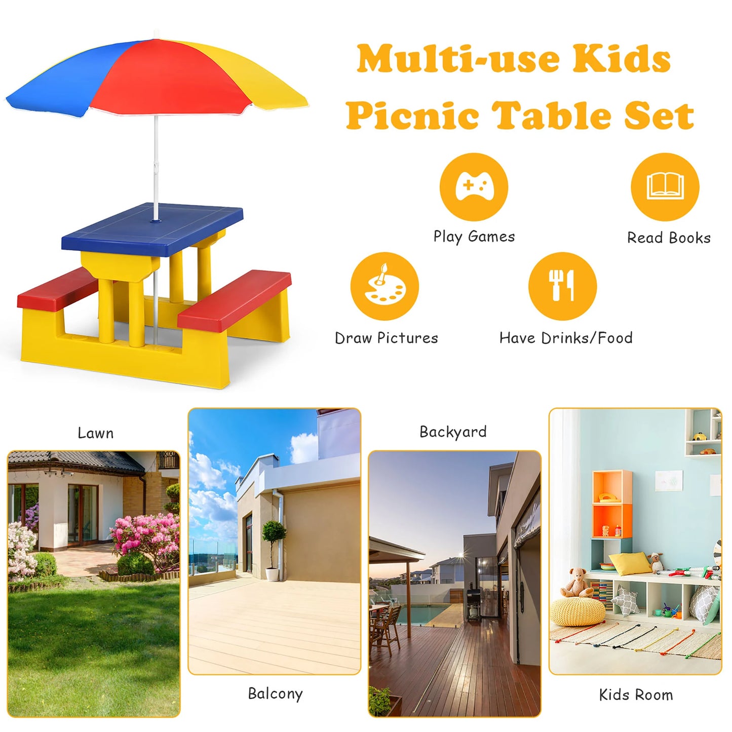 Kids Picnic Table Set With Removable Umbrella For Outdoor Fun