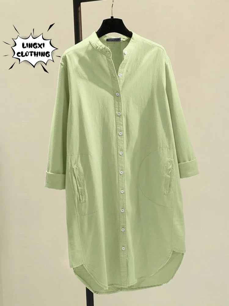 GPBDCN Cotton Linen Womens Shirt Single Breasted Round Neck