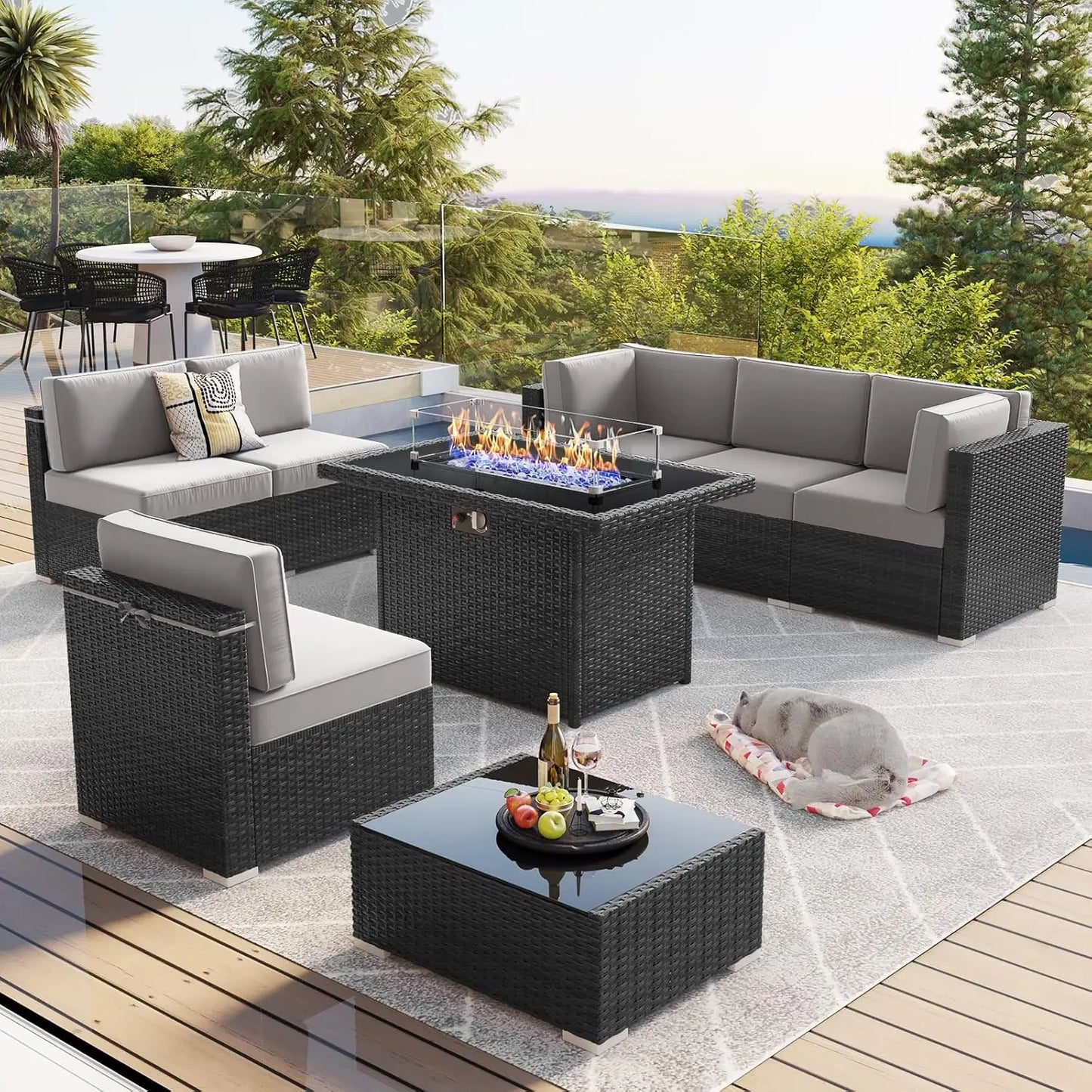 Outdoor Wicker Rattan Conversation Set With Fire Pit Table 15 Piece Patio Furniture Set