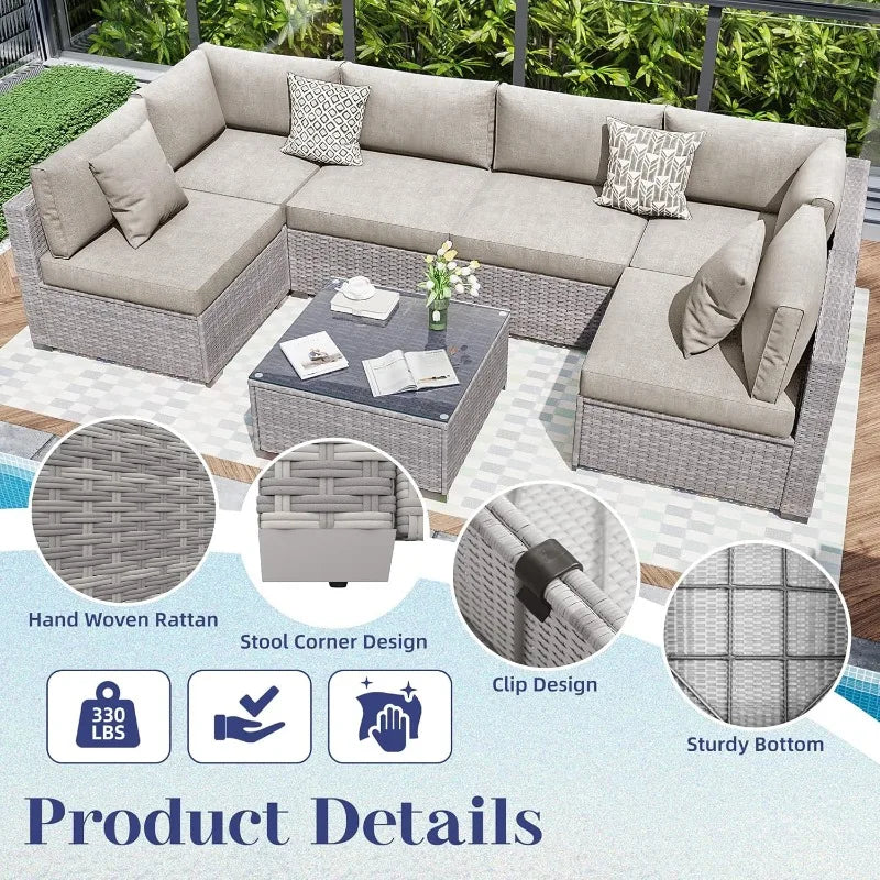 KIGOTY Patio Furniture Set 7 Pieces Outdoor Sectional Sofa All Weather PE Rattan Modular Sofa