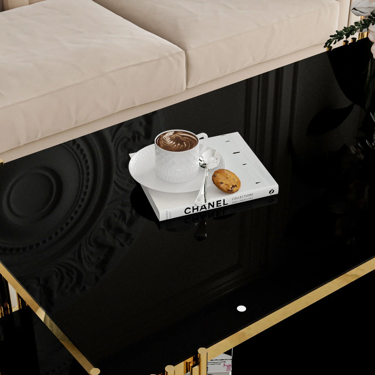 Stainless Steel Rectangle Coffee Table with Black Tempered Glass 51.18 Inch Modern Center Table Gold Legs for Living Room