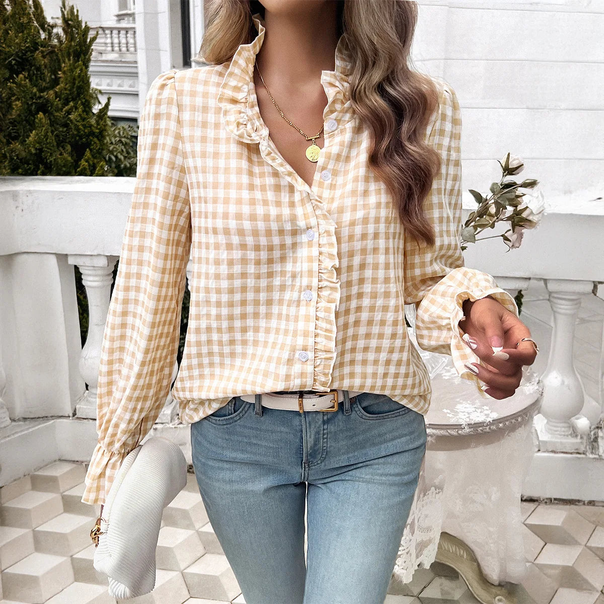 CN Fujian Gingham Ruffle Shirt With Turn Down Collar Women