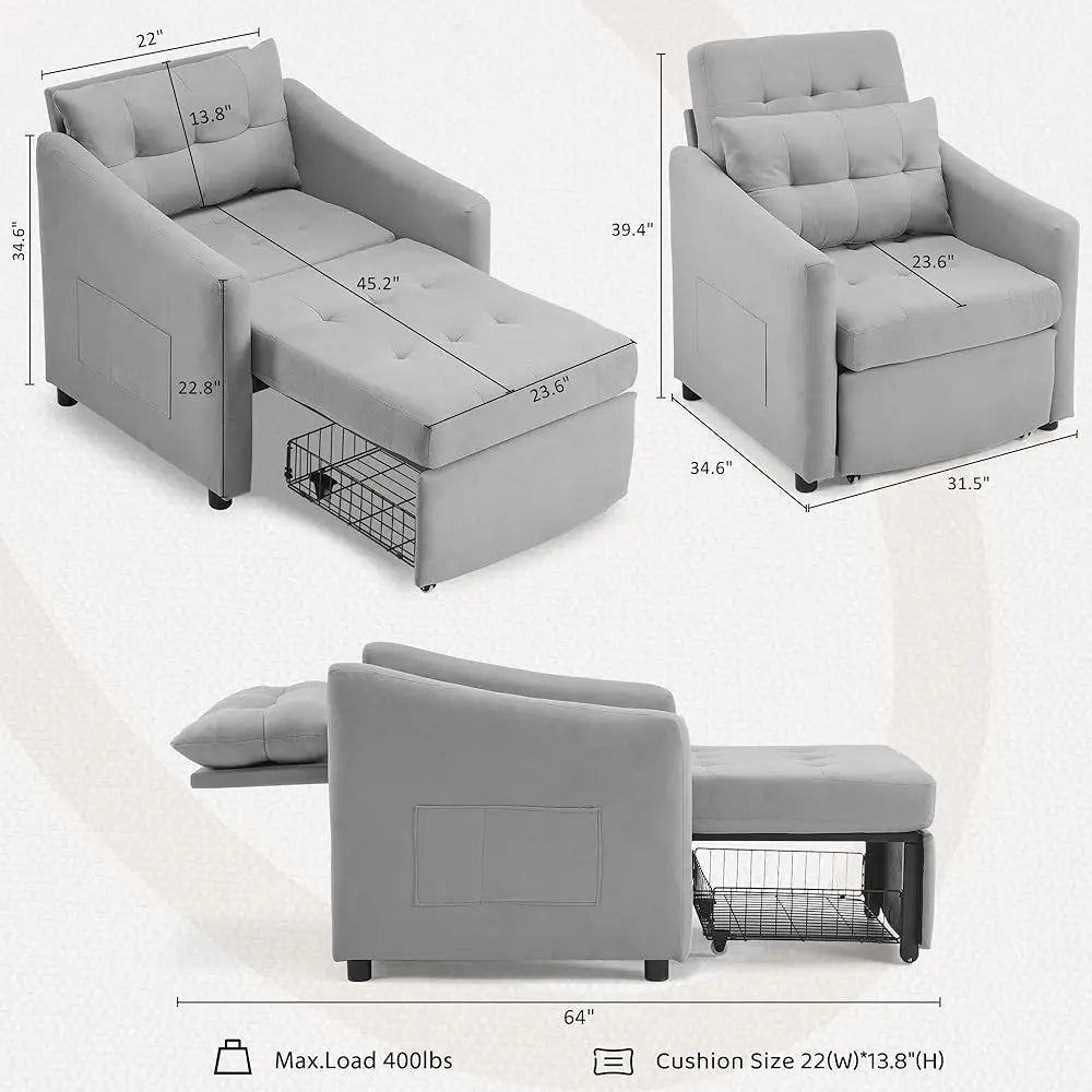 Convertible Sleeper Sofa Chair Bed with Storage and Pillow