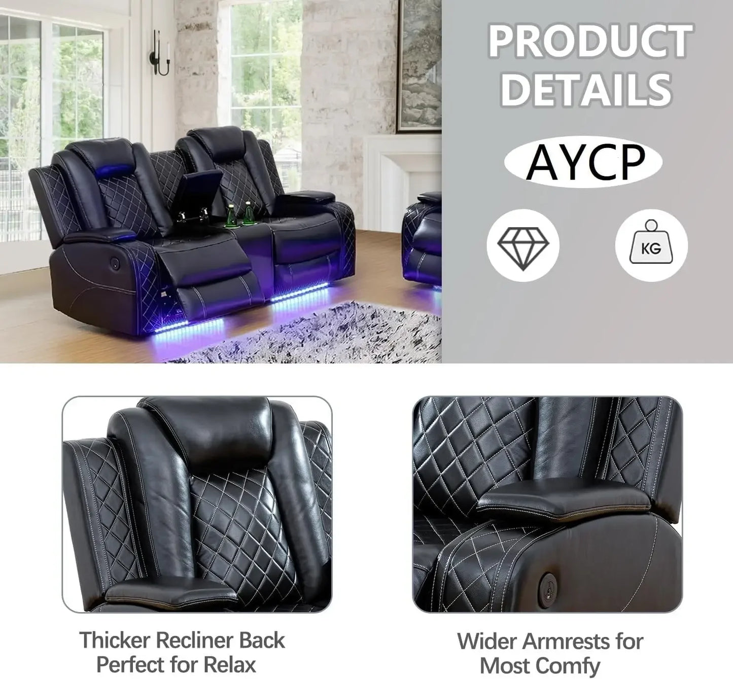 XMSJ Power Air Leather Recliner Sofa Set With LED Lights