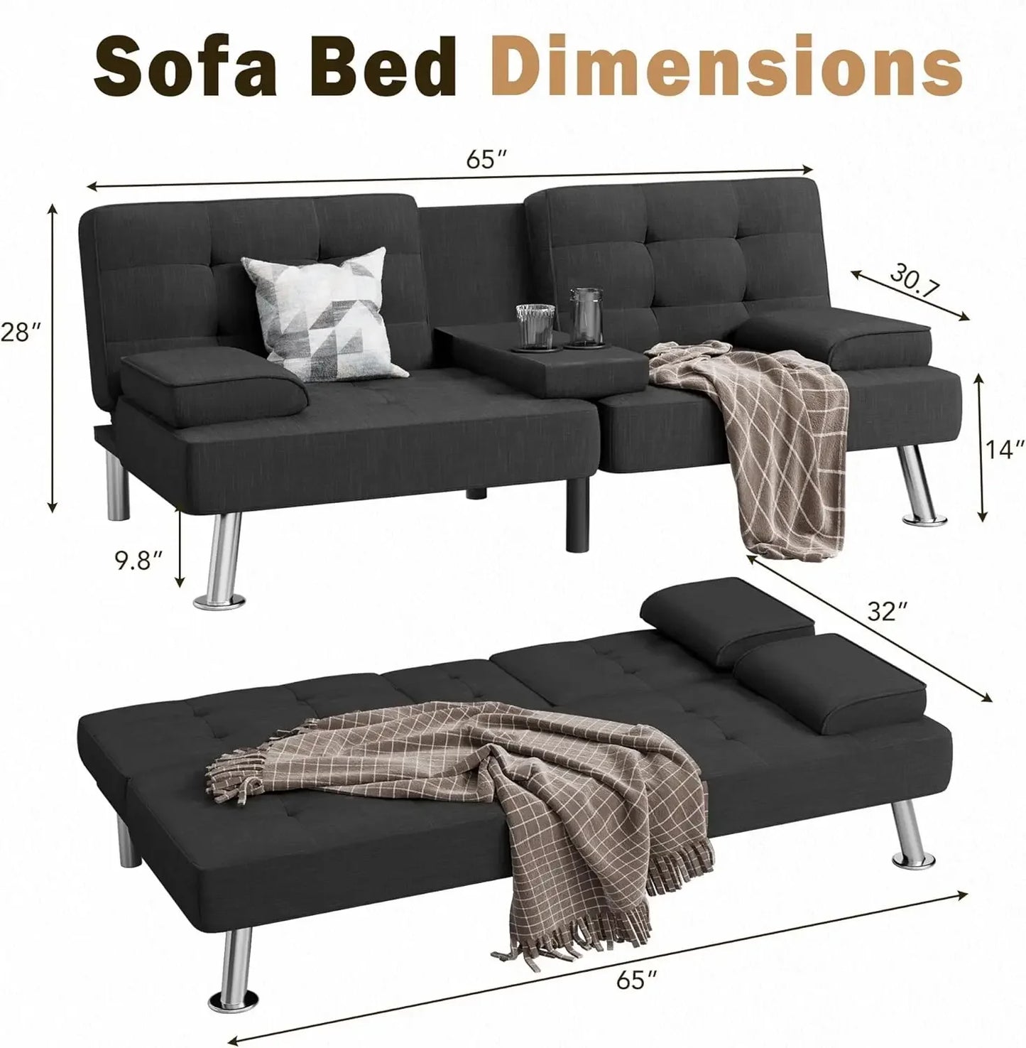 XMSJ Modern Linen Upholstered Convertible Futon Sofa Bed Removable Armrests