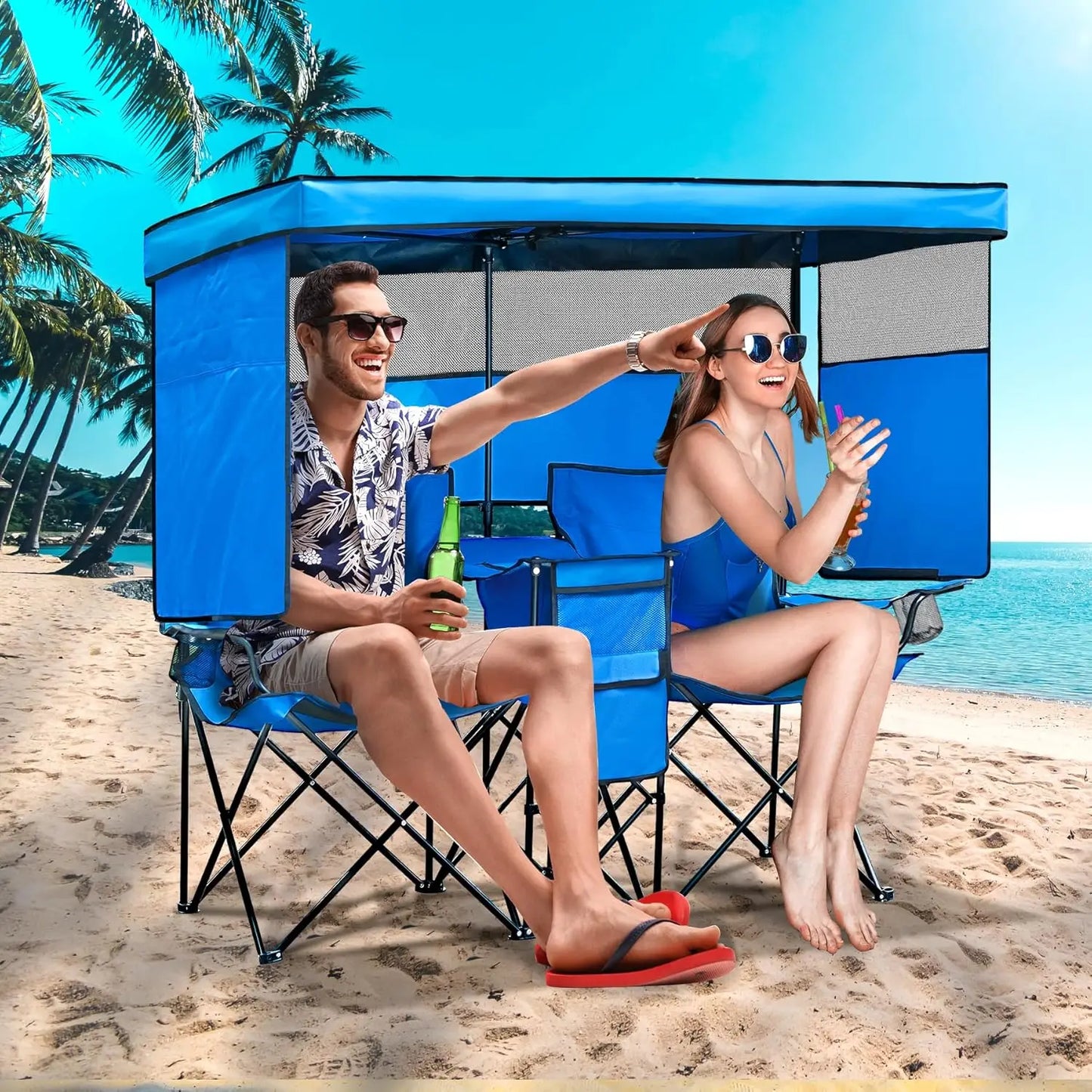 Folded Double Beach Chair With Canopy Shade For Outdoors