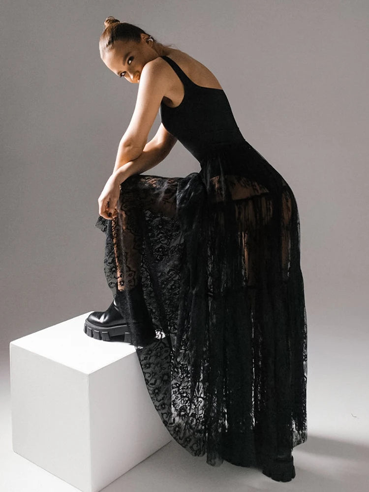 Mueyeruho Women Sexy Maxi Lace Skirt High Waist Flare