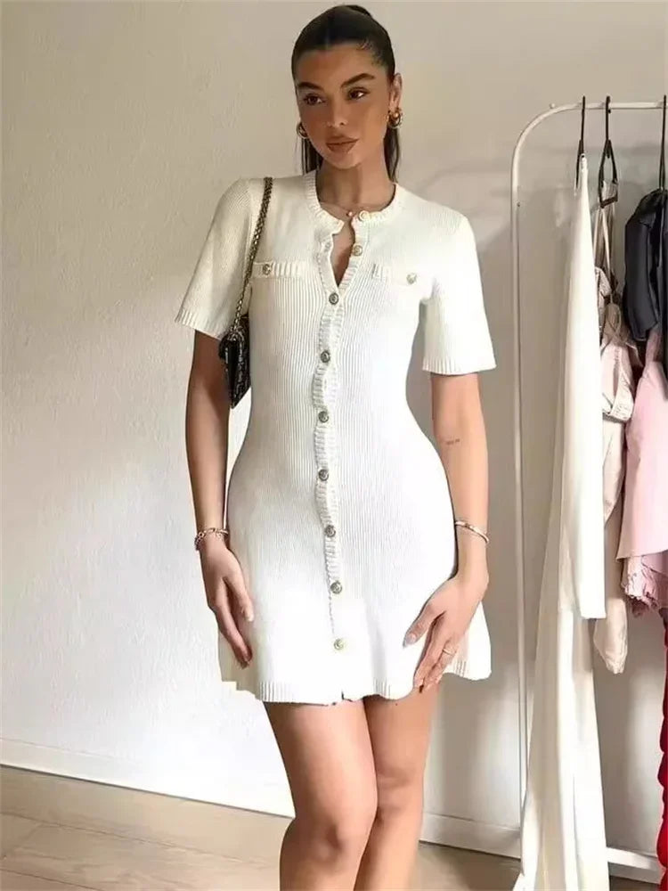 Tornova Knit Mini Dress Women Short Sleeve Patchwork Pocket