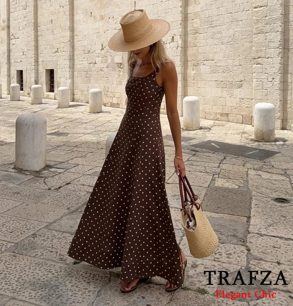 TRAFZA Vintage Polka Dot Suspender Midi Dress For Women
