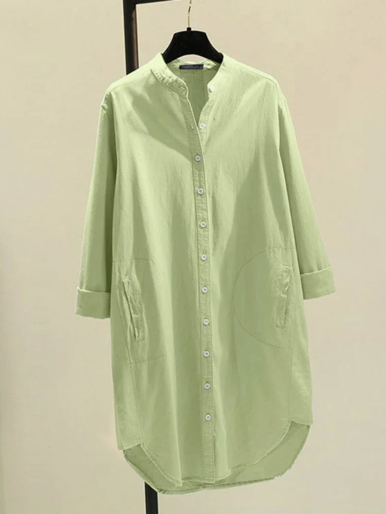 GPBDCN Cotton Linen Womens Shirt Single Breasted Round Neck