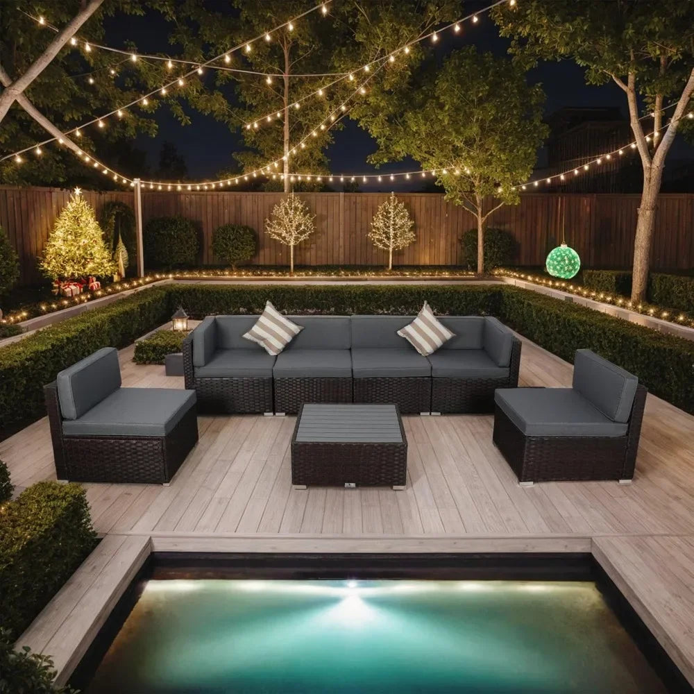 7 Piece Outdoor Patio Furniture Set with Cushions PE Rattan Wicker Sectional Conversation for Garden Deck Poolside