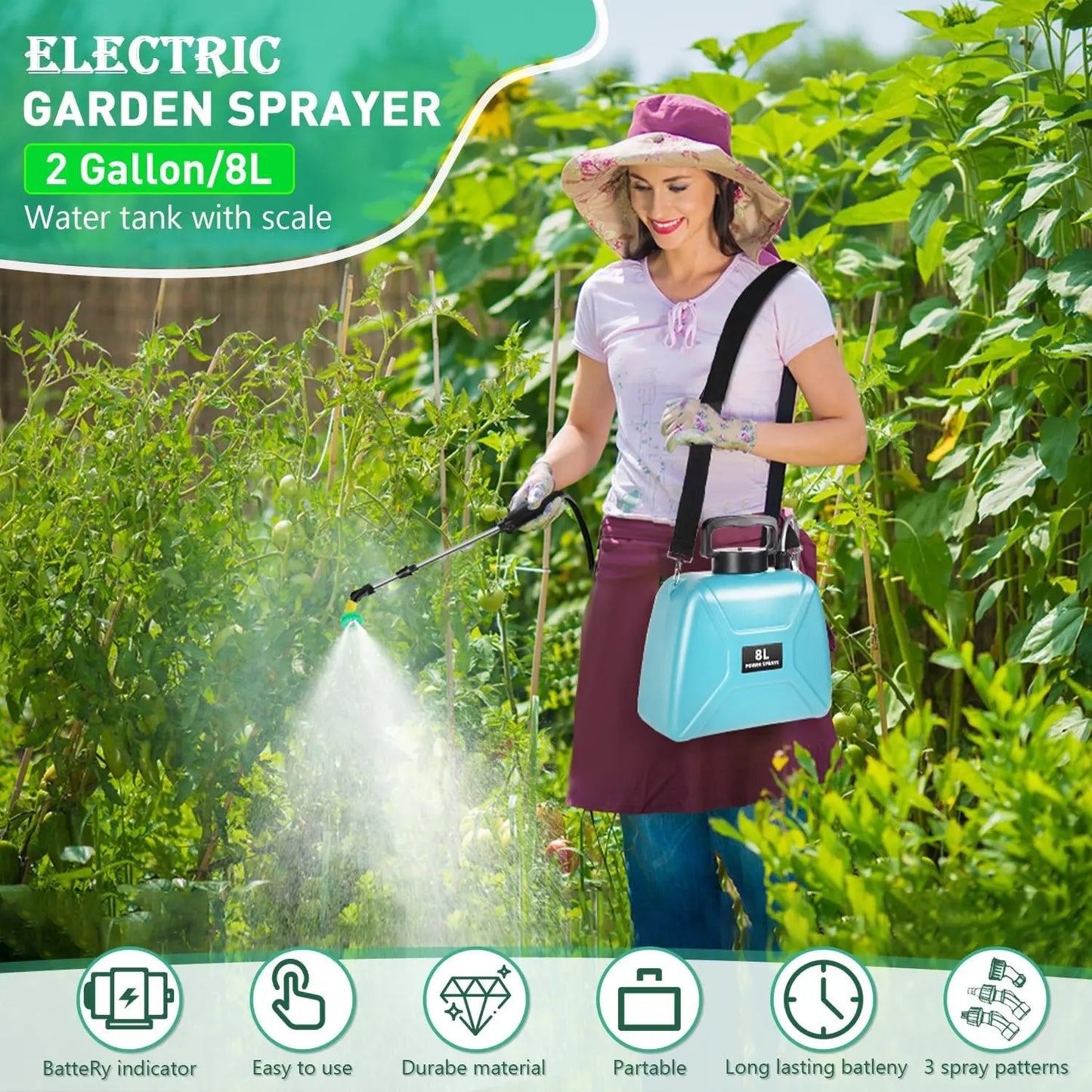 8L Automatic Electric Garden Plant Sprayer Handheld Rechargeable Atomization Watering Can