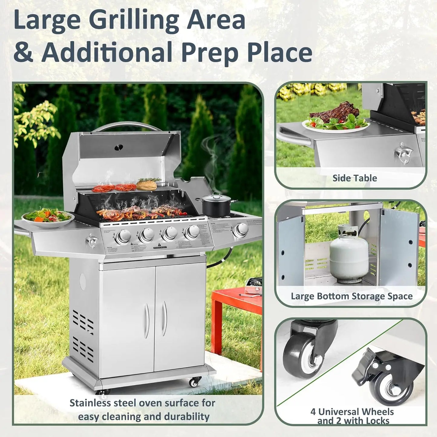 Stainless Steel Propane Gas Grill With Side Burner For Outdoor Cooking