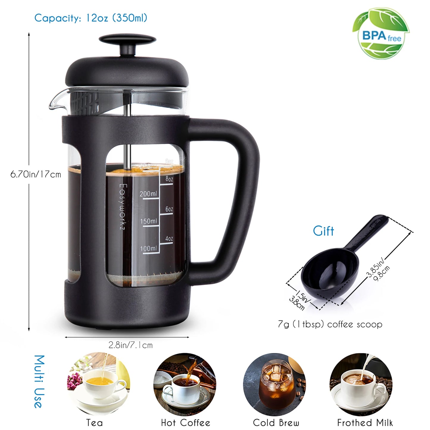Easyworkz French Press Coffee and Tea Maker with Glass Design